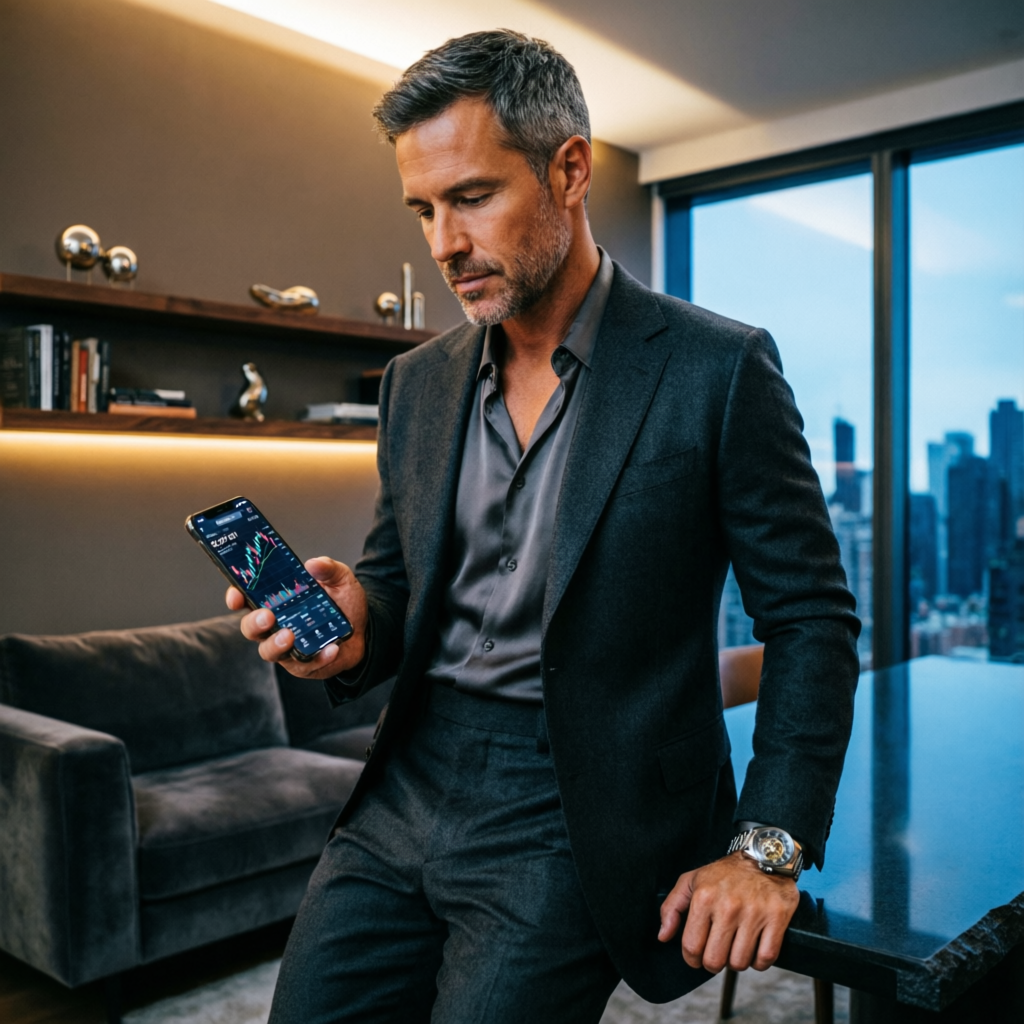 Premium trading lifestyle showing successful trader with luxury watch checking trading app