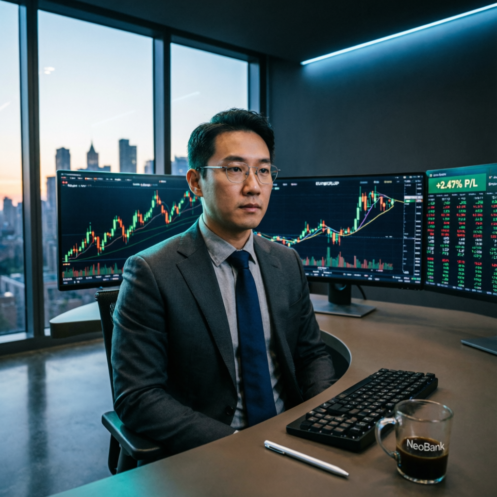 Professional forex trader analyzing Topstep futures trading charts on multiple monitors