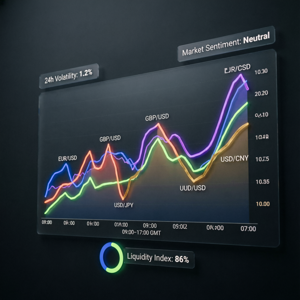 Market analysis showing multiple currency pairs with liquidity index and volatility data