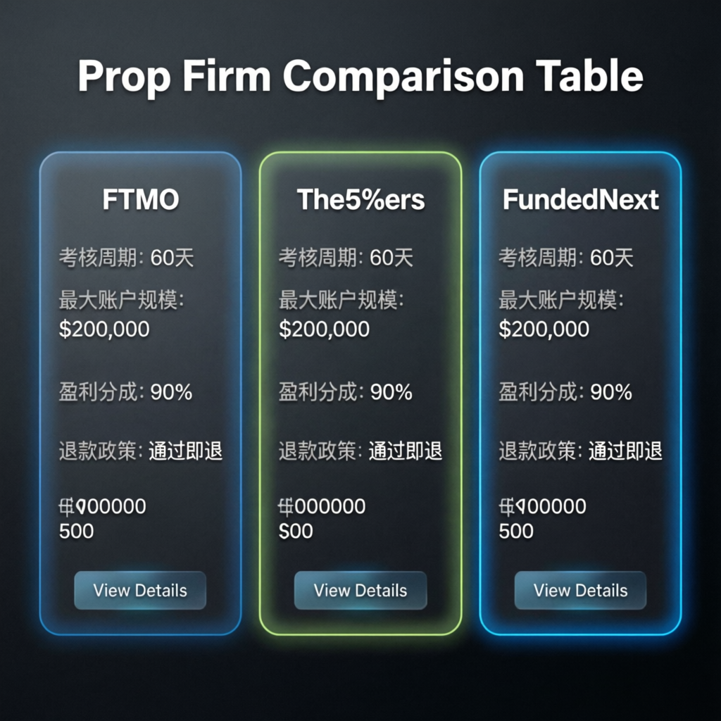 Prop firm comparison table showing FTMO, The5%ers, and FundedNext features
