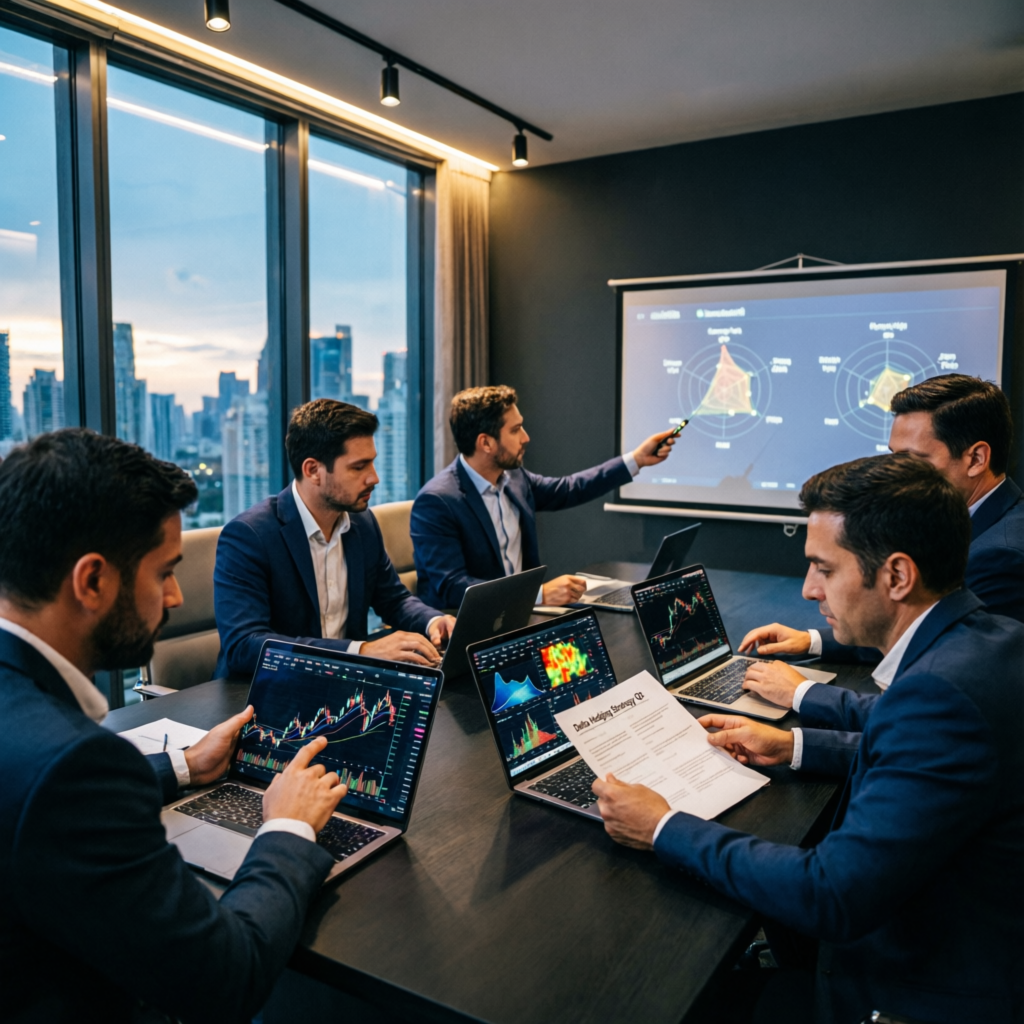 Professional prop firm team meeting analyzing trading strategies and charts