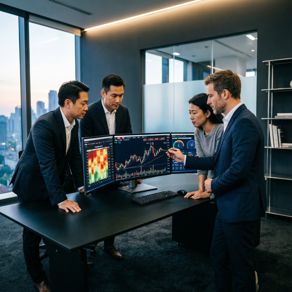 Team of professional financial analysts working on trading strategies