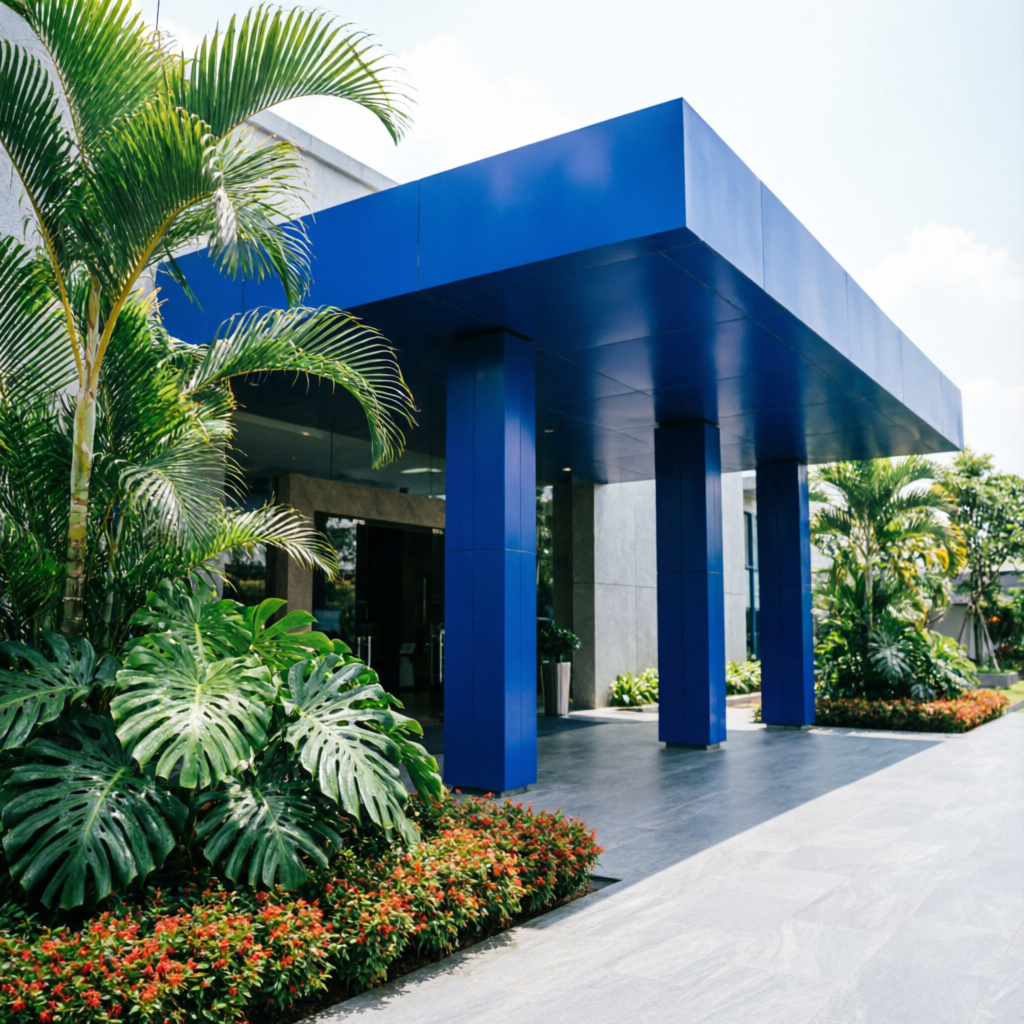 Kanopi ACP biru royal pada pintu masuk gedung dengan taman tropis