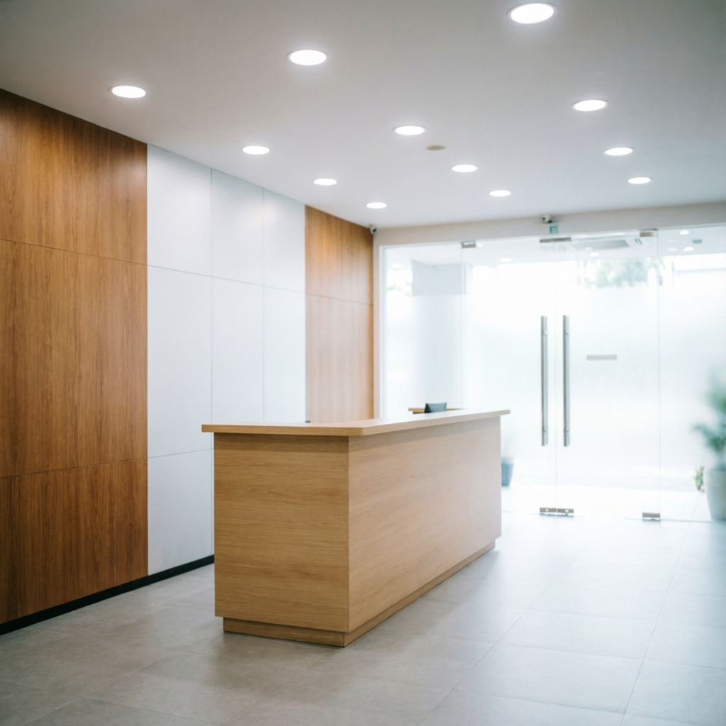 Interior lobi kantor dengan dinding ACP motif kayu dan putih