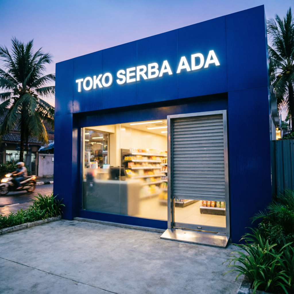 Fasad minimarket dengan panel ACP biru dan signage LED saat senja
