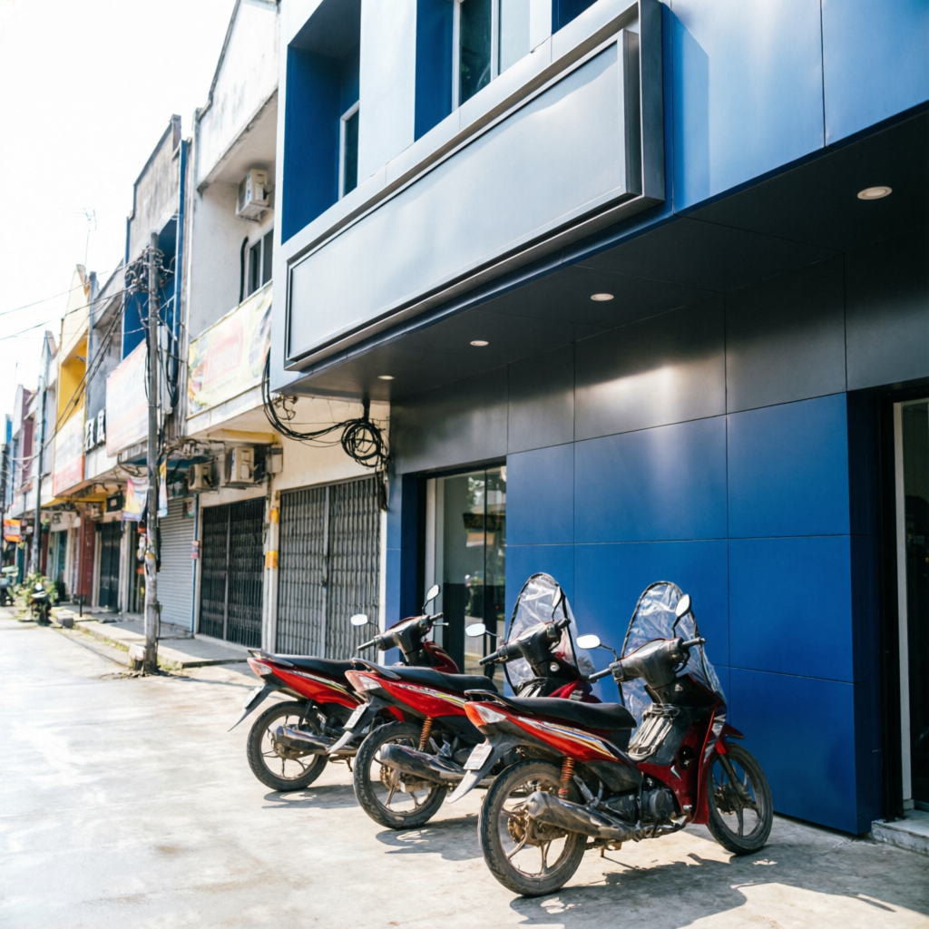 Ruko di Bekasi dengan fasad ACP biru dan area signage baru