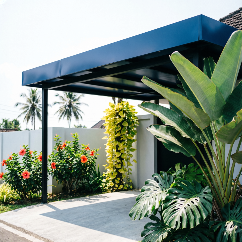 Kanopi ACP biru pada carport rumah di Indonesia