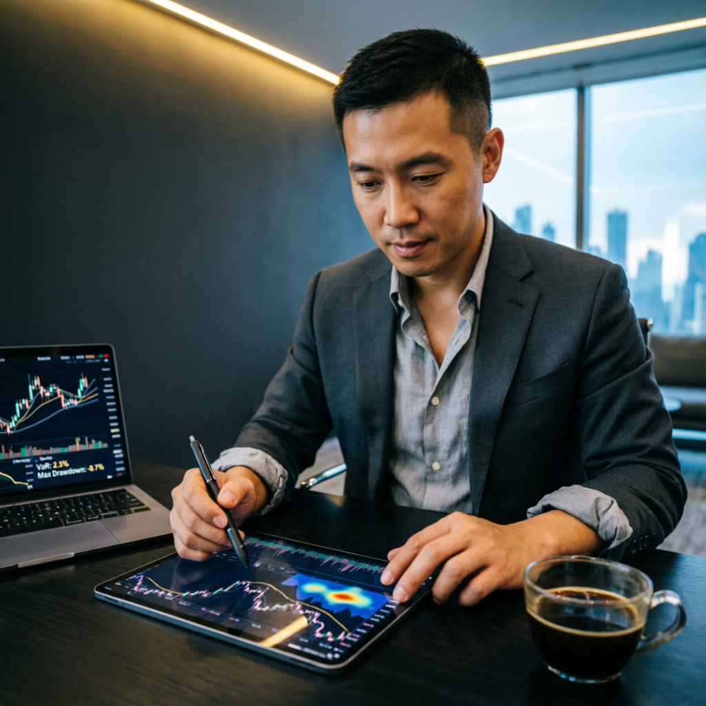 Professional trader analyzing FunderPro challenge strategy with risk management tools
