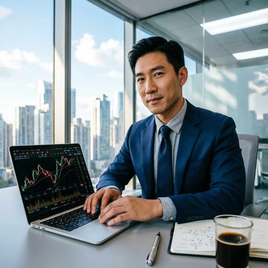 Professional futures trader analyzing charts in a modern office with city skyline view