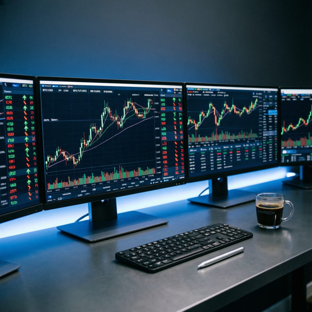 Professional trading setup with multiple monitors displaying futures charts
