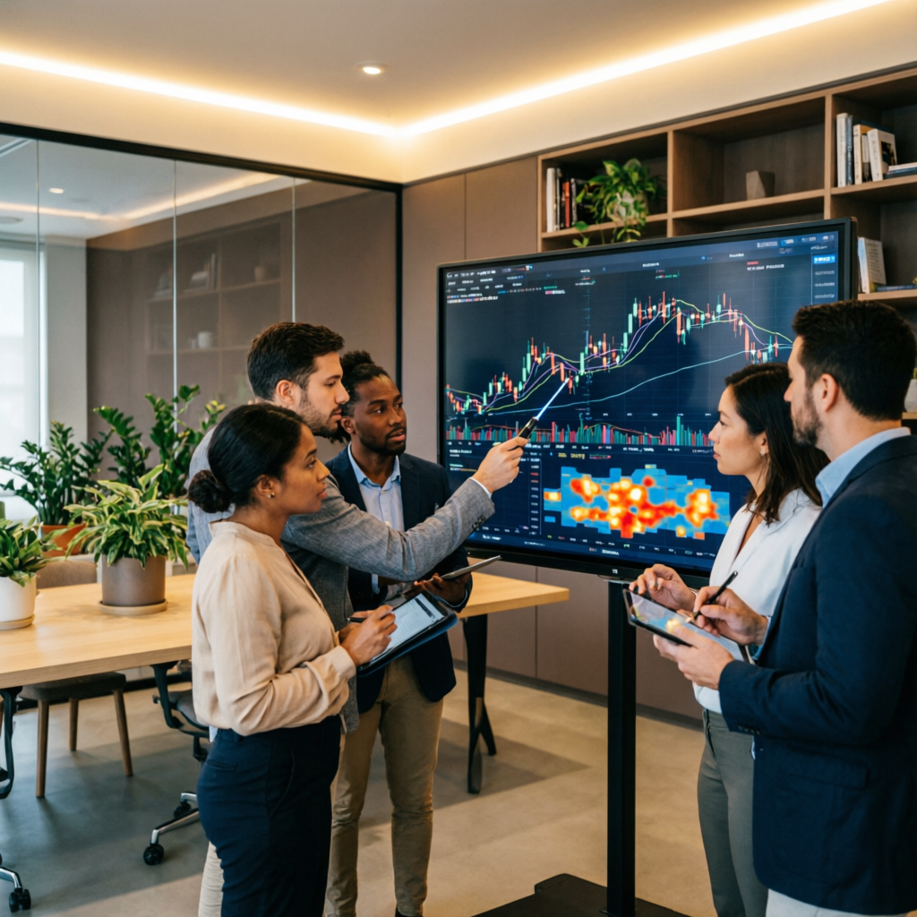 Team of professional trading analysts reviewing futures charts and strategies together