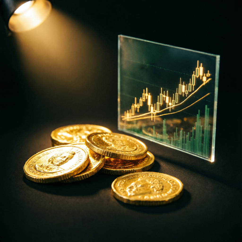Gold coins and trading charts representing funded account profits