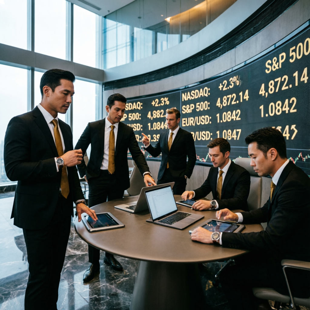 Professional team of traders analyzing financial data