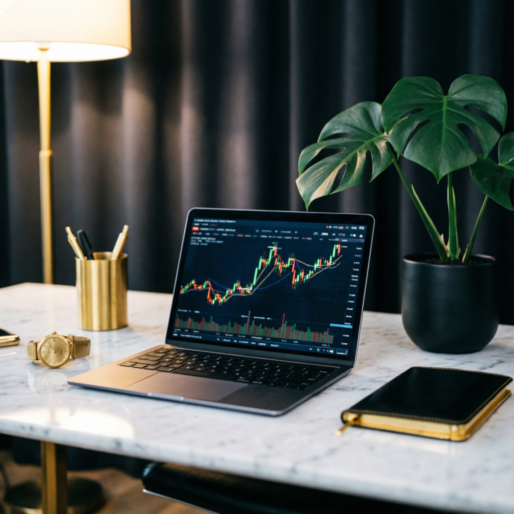 Luxury trading workspace with laptop showing financial charts