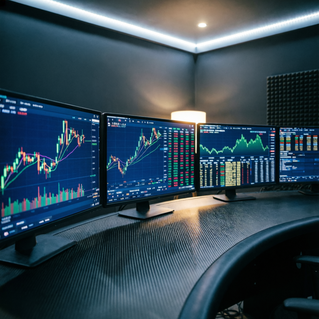 Multiple trading screens showing financial charts