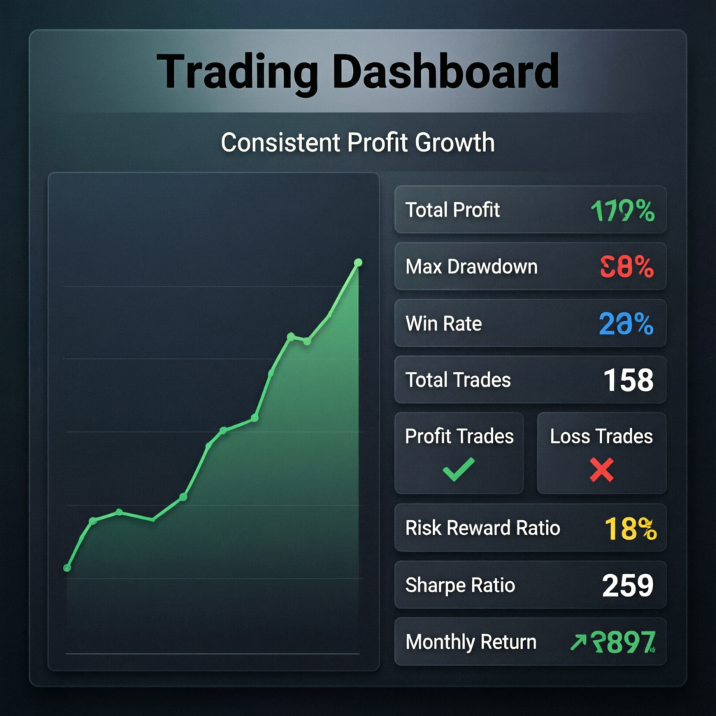 Trading dashboard showing consistent profit growth - PFM Capitals verified MyFxBook performance