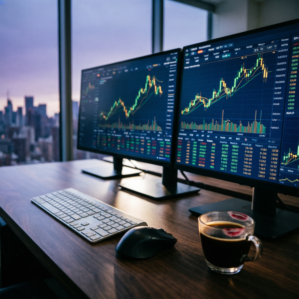 Professional trading desk with multiple monitors showing forex charts - PFM Capitals trading environment