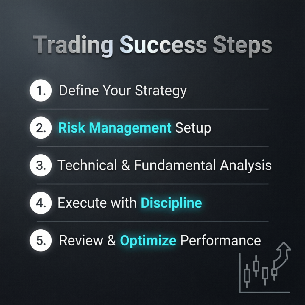 Numbered checklist for trading success steps - strategy, risk management, analysis, execution, optimization