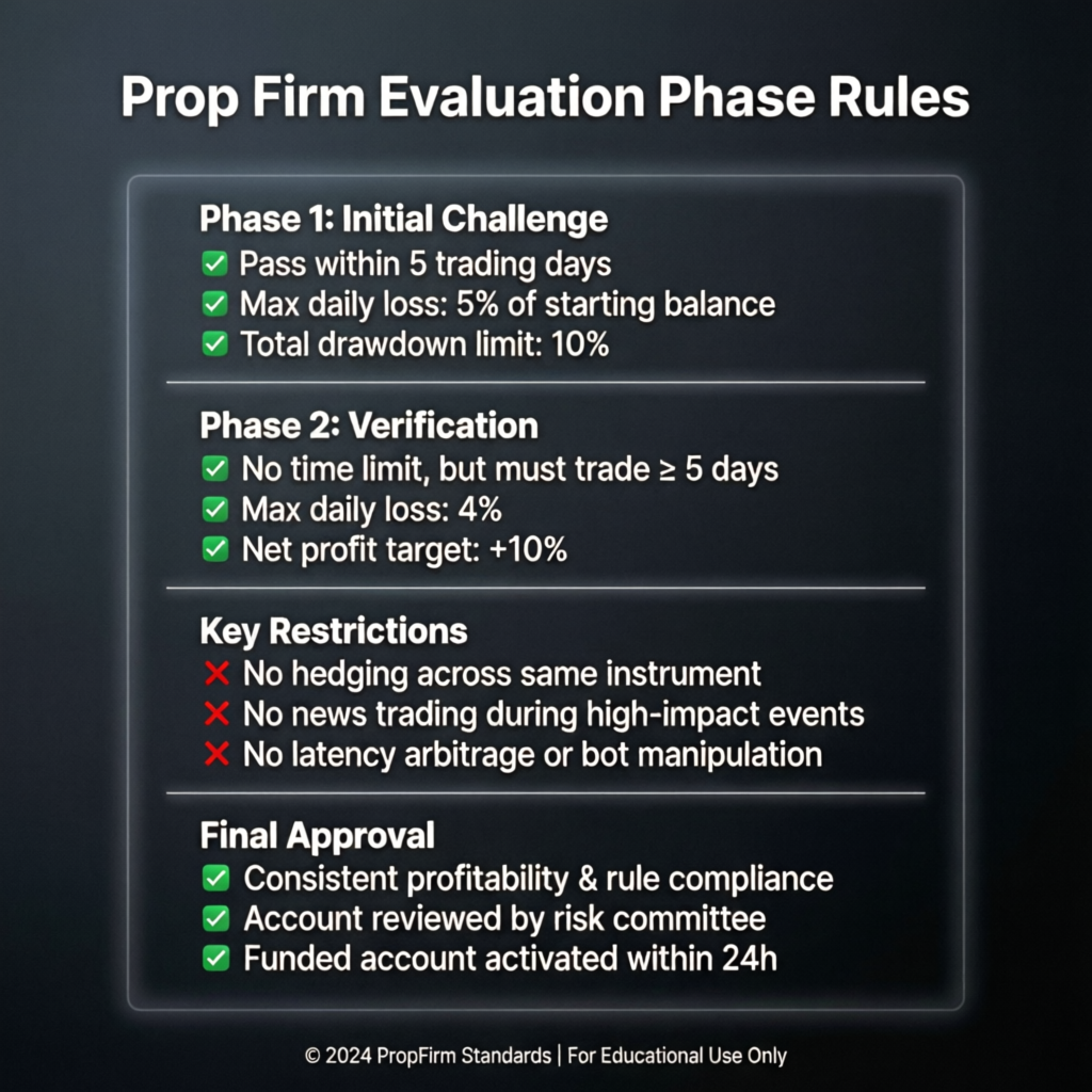 Prop firm evaluation phase rules infographic - daily drawdown, max drawdown, profit targets