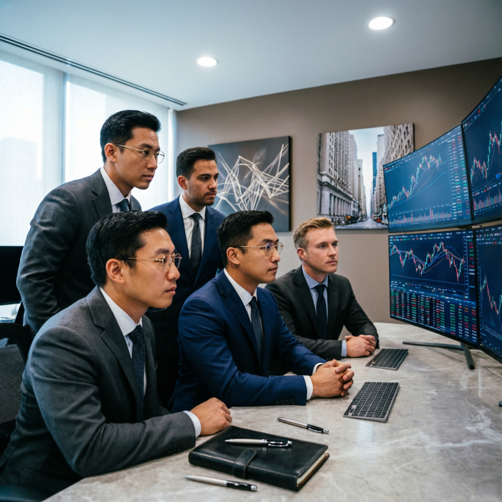 Professional trading team analyzing markets in modern corporate office