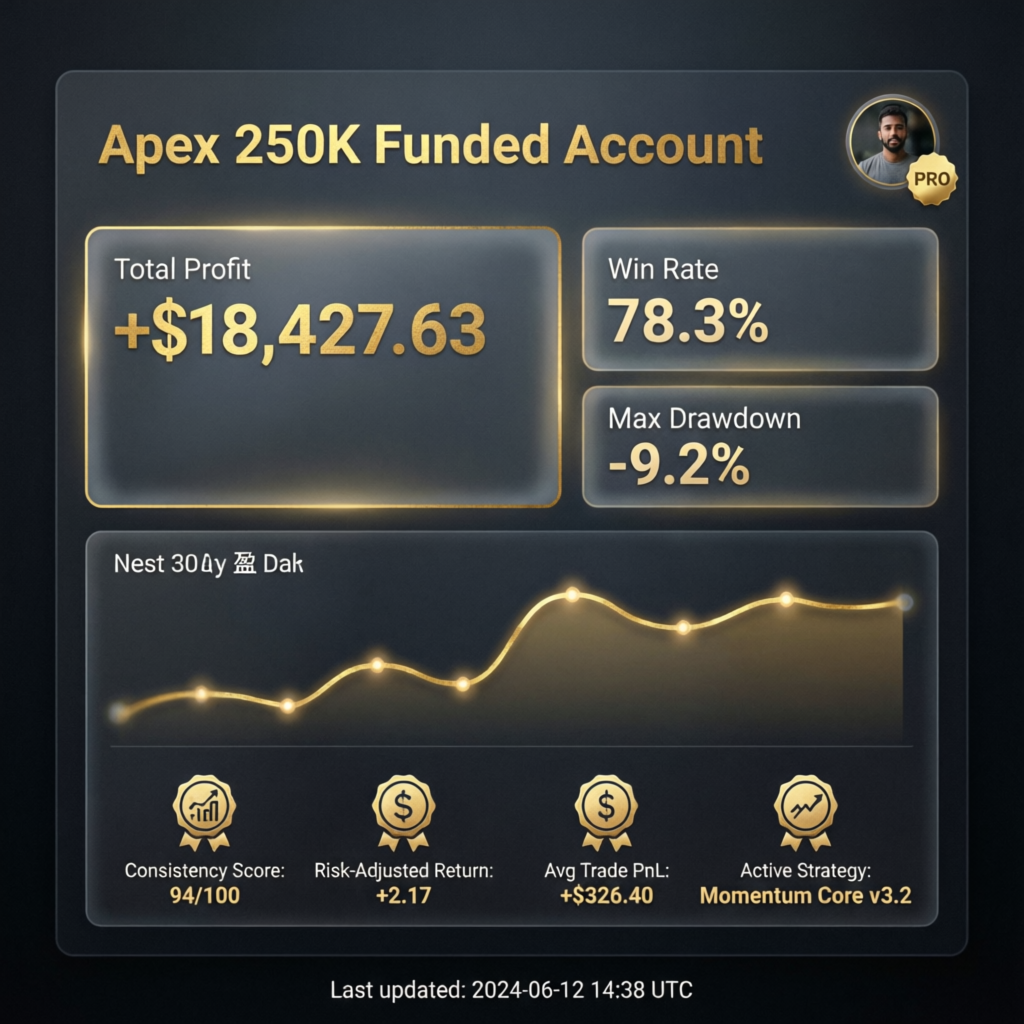 Apex 250K Funded Account Dashboard showing profit, win rate, and performance metrics