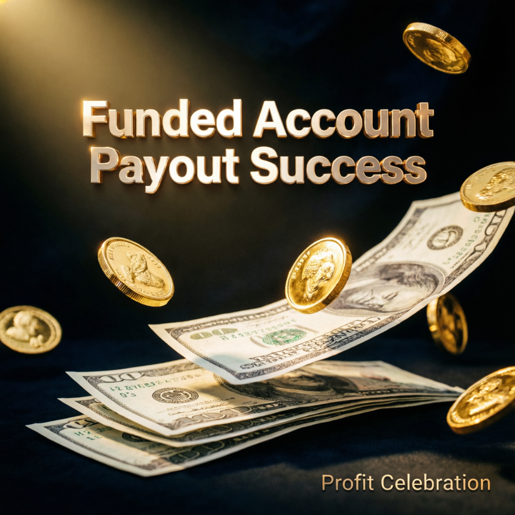 Funded account payout success with dollar bills and gold coins