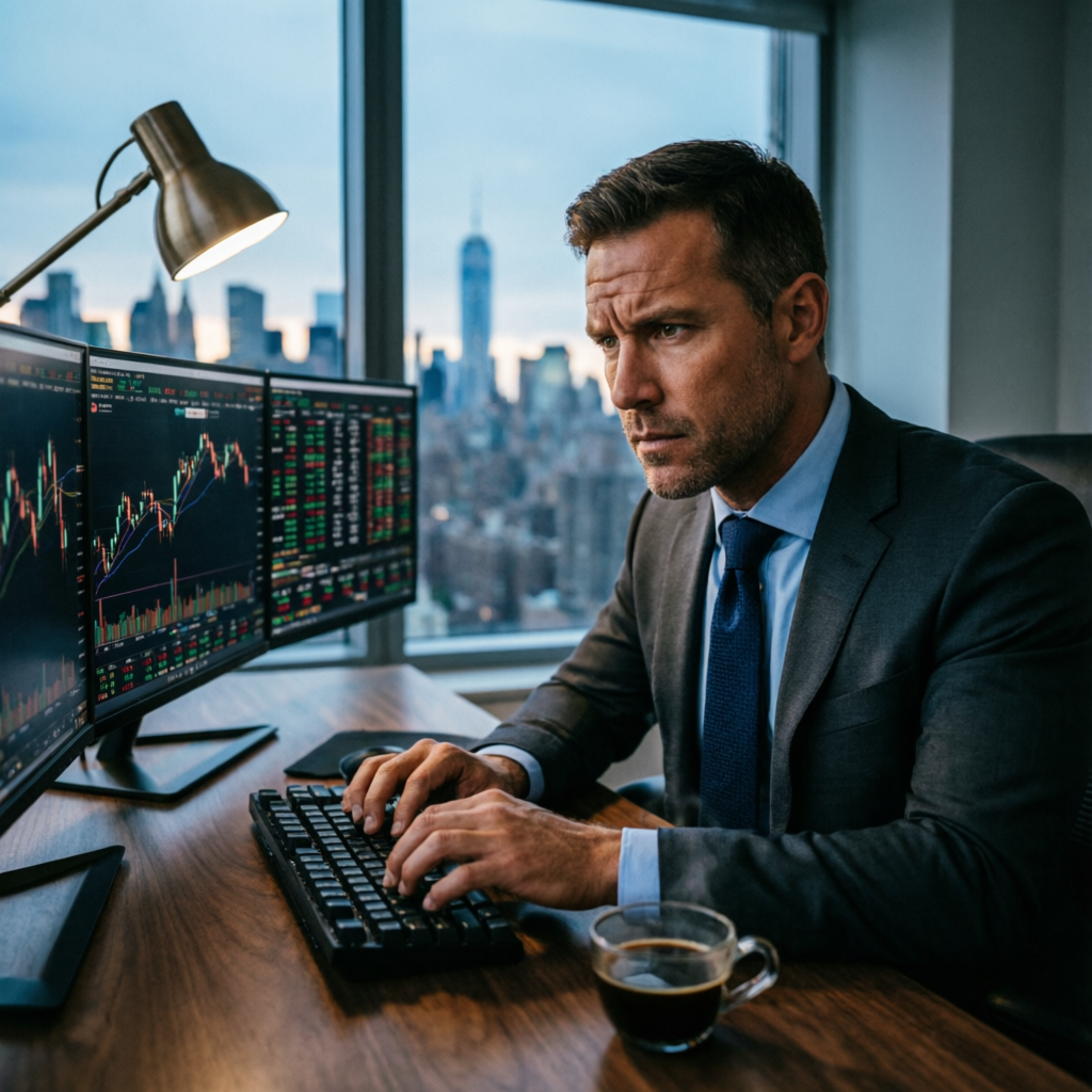 Professional trader focused on trading screens with city skyline view