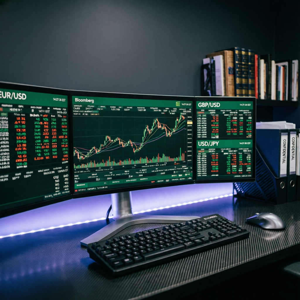 Professional multi-monitor trading setup with Bloomberg terminals