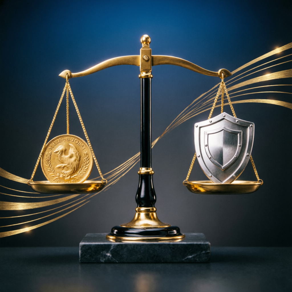 Risk management concept with balanced scales representing profit and protection