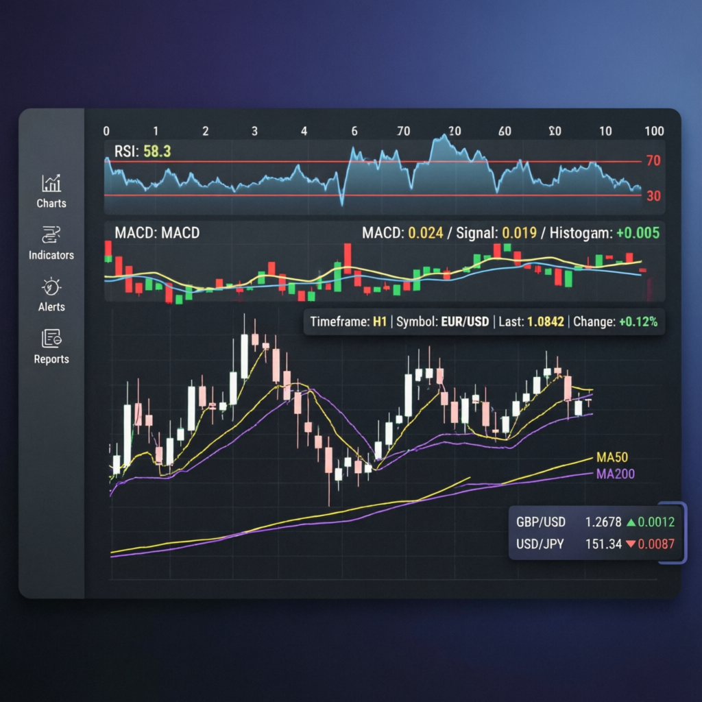 Trading strategy analysis with RSI MACD and moving average indicators