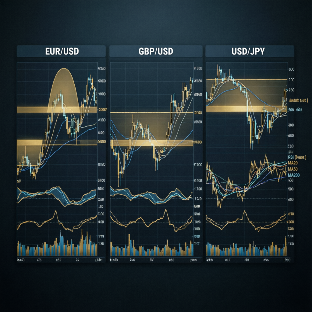 My Funded Futures consistency rule visualization with EUR/USD, GBP/USD, and USD/JPY charts