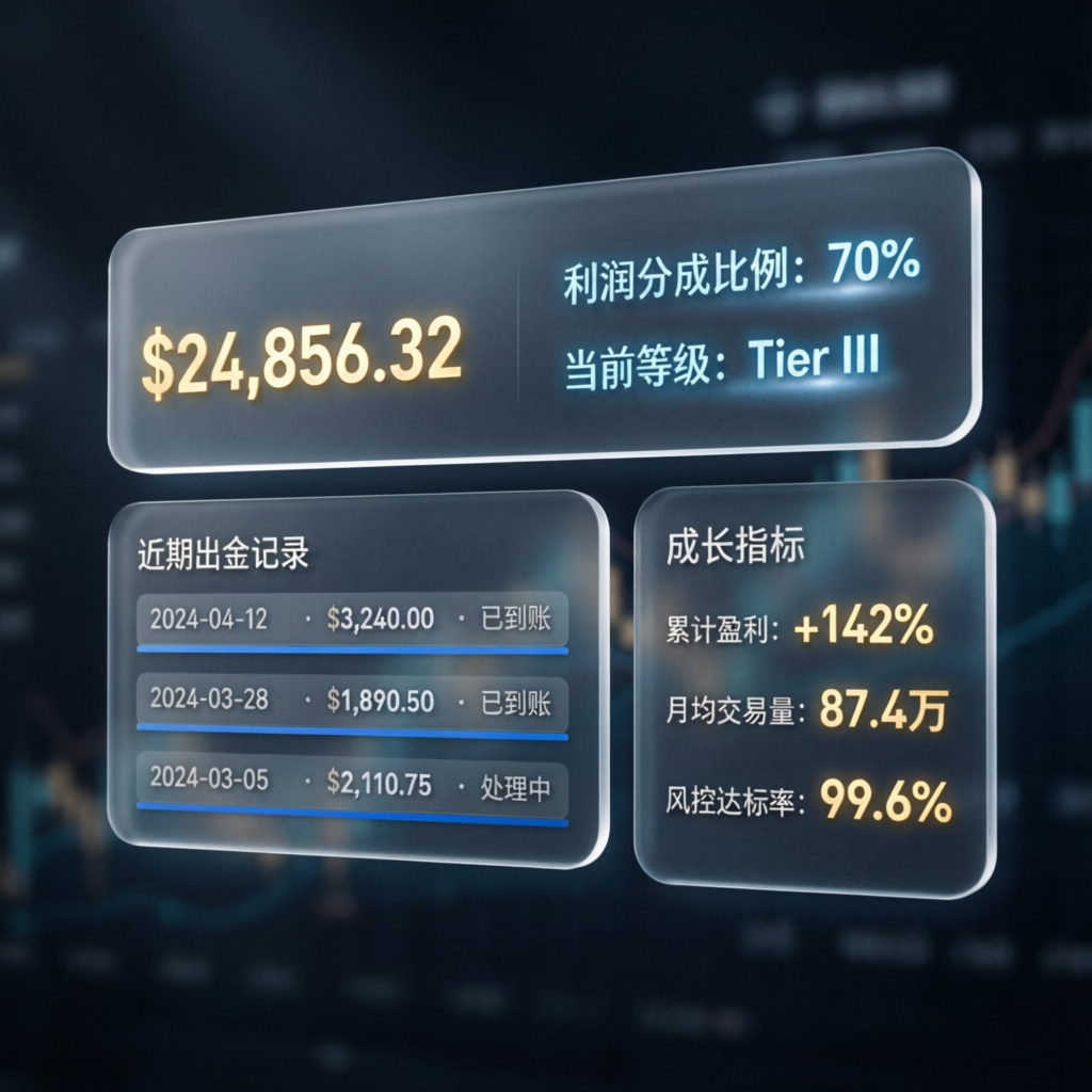 My Funded Futures payout dashboard showing profit split and account growth metrics