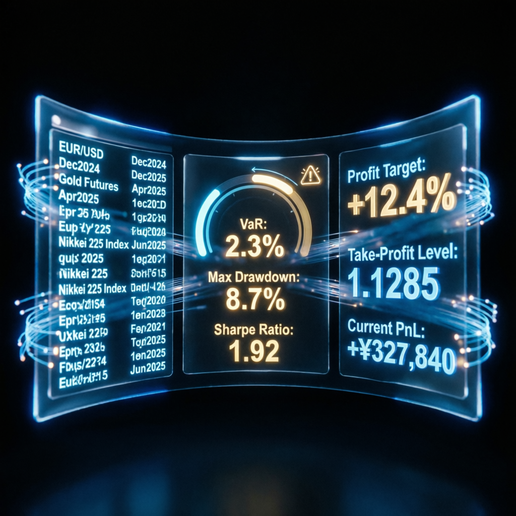 Holographic trading display showing VaR, drawdown metrics, and profit targets for My Funded Futures