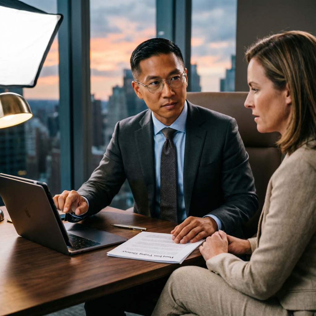 Professional financial advisor consulting with client about prop firm trading strategy