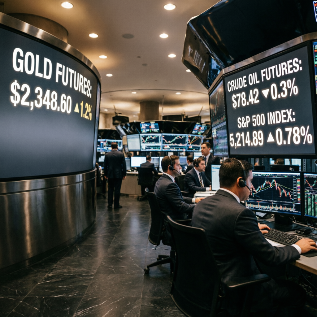 Professional futures trading floor with gold futures and commodity prices
