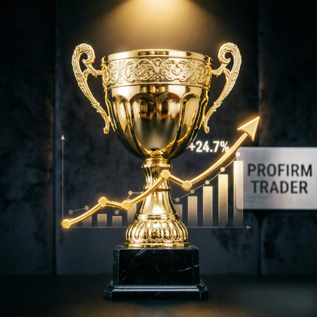 Gold trophy representing successful My Funded Futures challenge passing and funded trader achievement