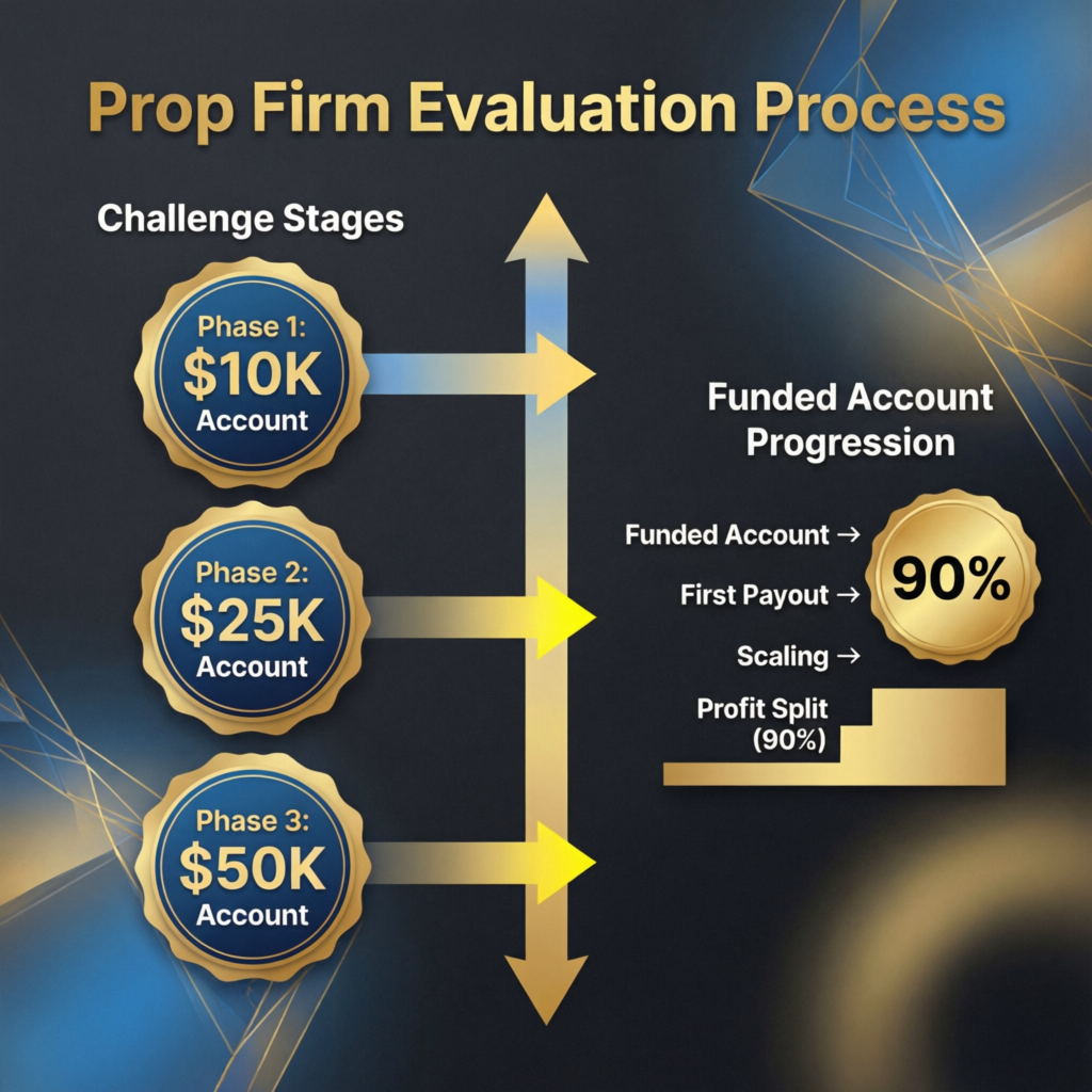 My Funded Futures evaluation process showing challenge stages and funded account progression