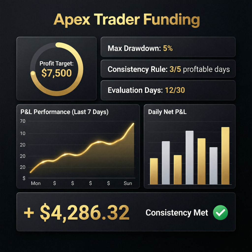 Apex Trader Funding 150K account dashboard showing profit targets and consistency rules