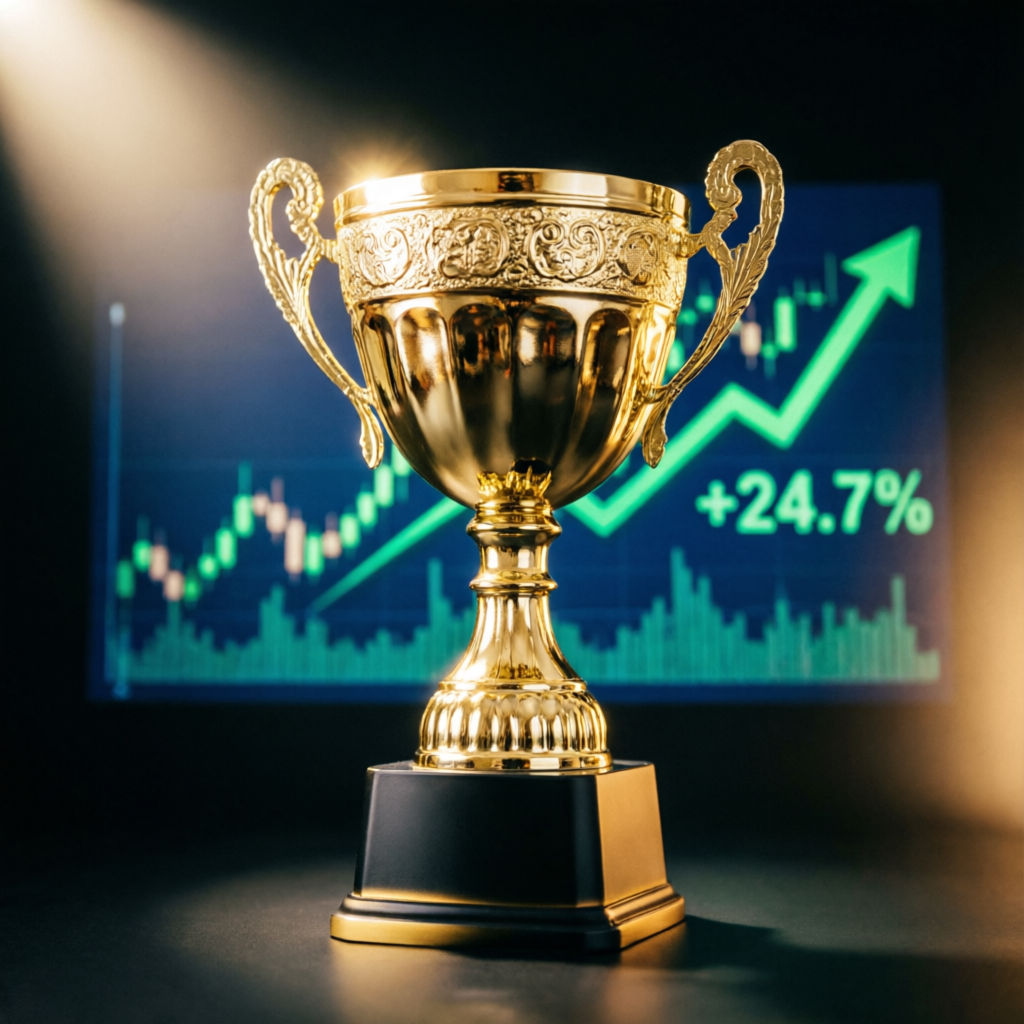 Funded trading account success with gold trophy representing achievement