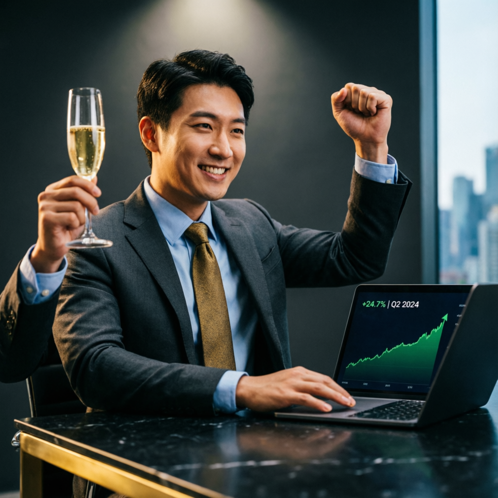 Successful trader celebrating with champagne and profit charts