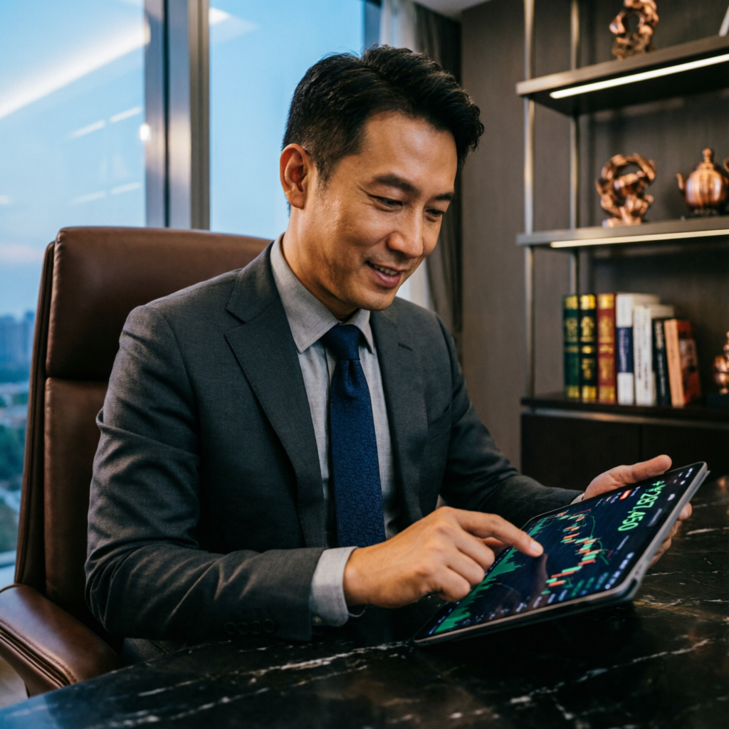 Happy client reviewing trading profits on tablet device
