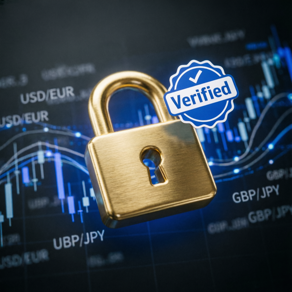 Verified security badge with golden lock protecting trading accounts