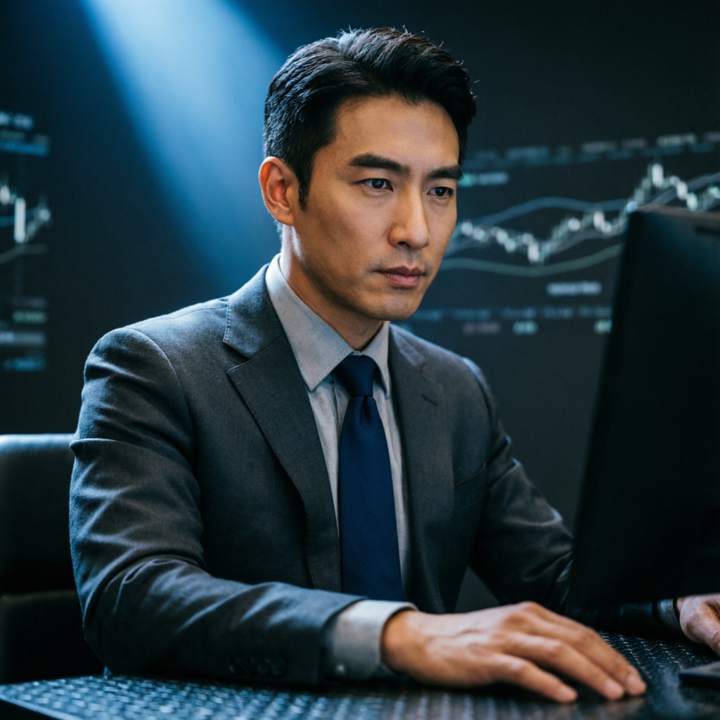 Focused professional trader analyzing market data for prop firm challenge