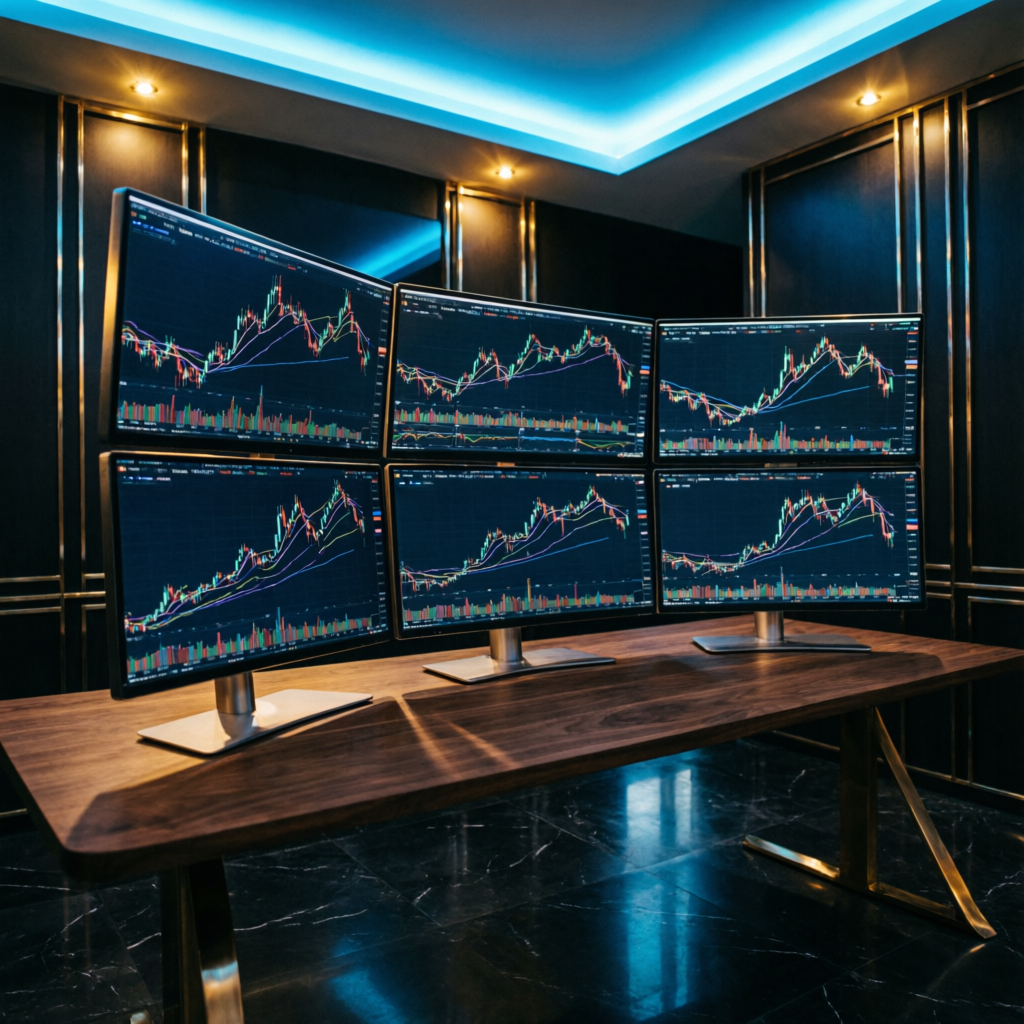 Premium multi-monitor trading setup in luxury dark office