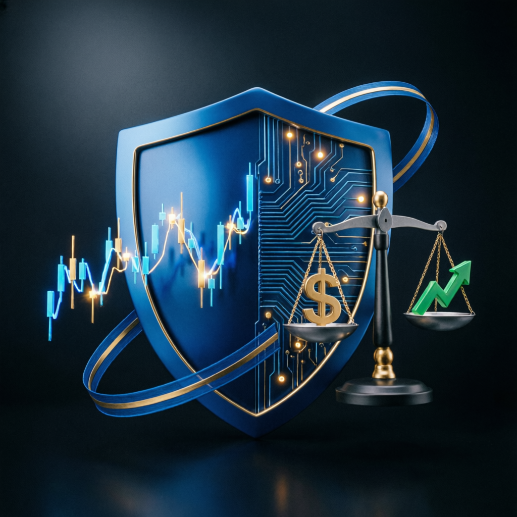 Risk management shield protecting trading capital with balanced scales
