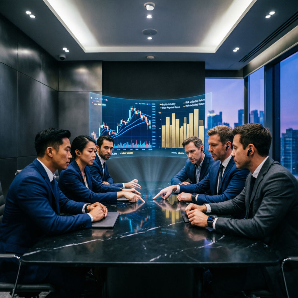 Elite trading team meeting discussing prop firm strategies