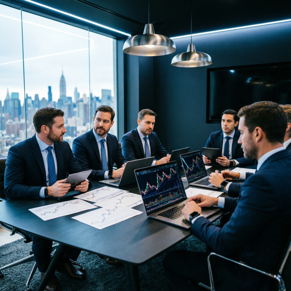 Professional trading team analyzing charts in modern corporate office