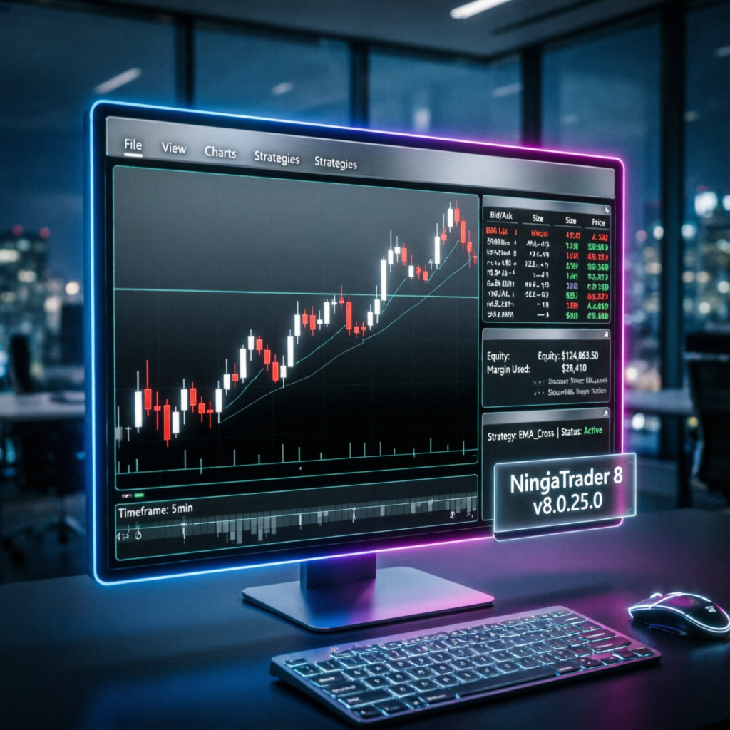 NinjaTrader 8 trading platform with candlestick charts