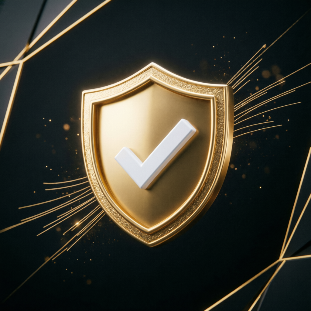 Golden shield with checkmark representing trust and verification