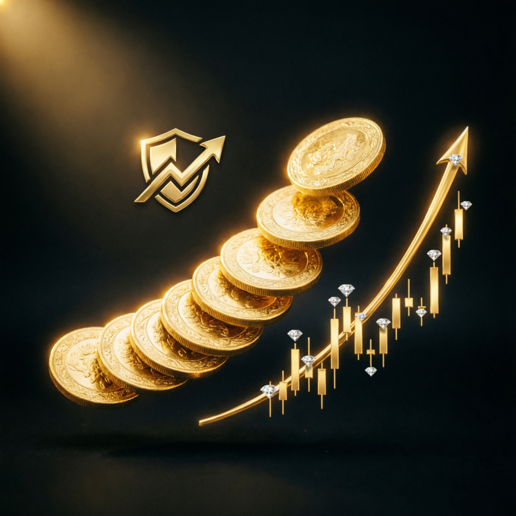Gold coins with ascending chart representing financial growth and success